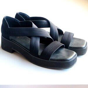 Intentionally Blank Black Fabric Square Toe Platform Block Heel Sandals Shoes 10